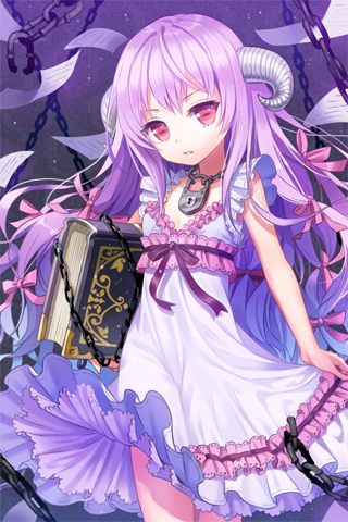 amrita book chain chains dress endos frilled_dress frills hair_ribbon holding horns jewelry layered_dress lock long_hair lowres necklace open_mouth paper purple_hair red_eyes ribbon smile solo sword_girls very_long_hair