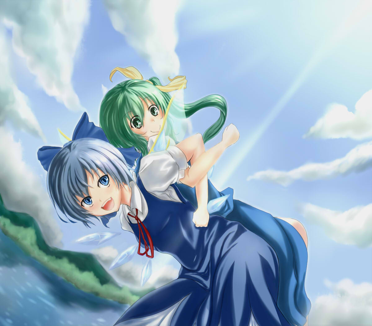 arms_locked awasarin back-to-back bent_over blue_dress blue_eyes blue_hair blue_sky blurry bow cirno clenched_hand cloud daiyousei depth_of_field dress dress_shirt dutch_angle fairy_wings fist green_eyes green_hair hair_ribbon lake lens_flare lifting locked_arms looking_at_viewer mountain multiple_girls open_mouth puffy_sleeves ribbon shirt short_hair short_sleeves side_ponytail sky smile teeth touhou tree water wings
