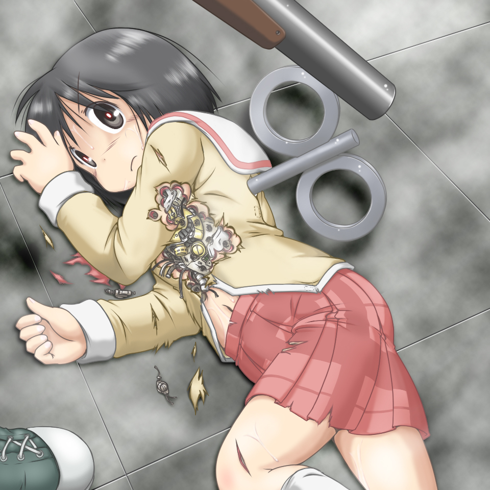 &gt;:( android angry black_eyes black_hair exposed_parts gaketsu gun injury midriff nichijou red_eyes school_uniform serafuku shinonome_nani shinonome_nano short_hair shotgun skirt solo spark_plug torn_clothes weapon winding_key