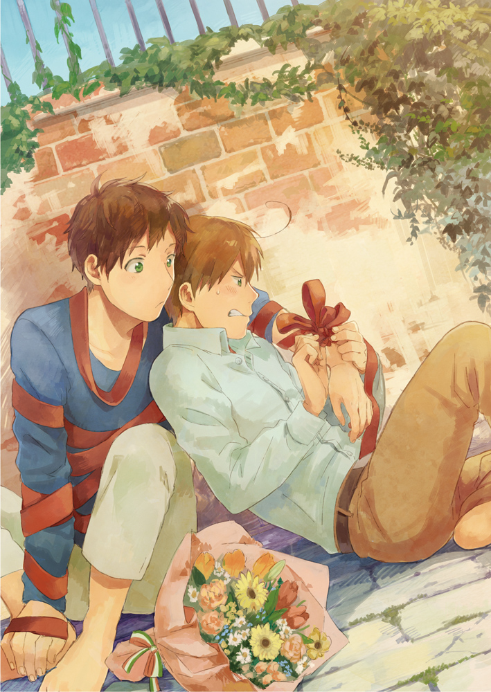 ahoge annoyed arm_around_shoulder axis_powers_hetalia barefoot belt blush bouquet brick brick_wall brown_hair clenched_teeth dutch_angle fingernails flower green_eyes leaning leaning_back long_sleeves male multiple_boys pants plant ribbon sitting sky southern_italy_(hetalia) spain_(hetalia) sweat teeth untying vines wall zukki_(suzukio)