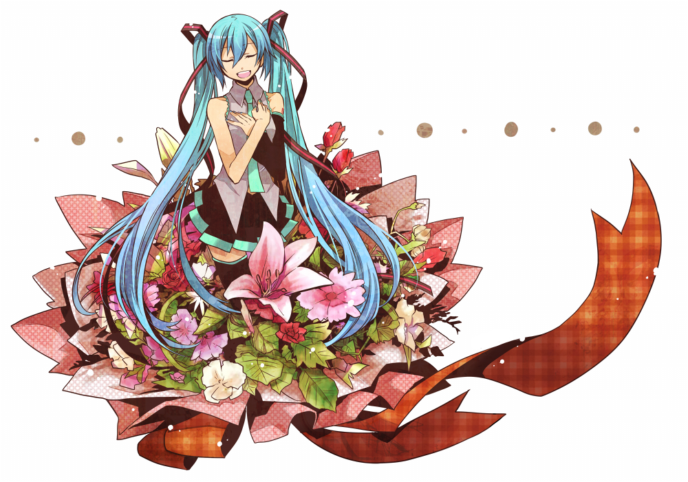 aqua_hair closed_eyes crossed_arms detached_sleeves eyes_closed flower hair_ribbon hands_on_own_chest hatsune_miku long_hair minigirl necktie open_mouth ribbon skirt solo thigh-highs thighhighs twintails very_long_hair vocaloid yosakuh