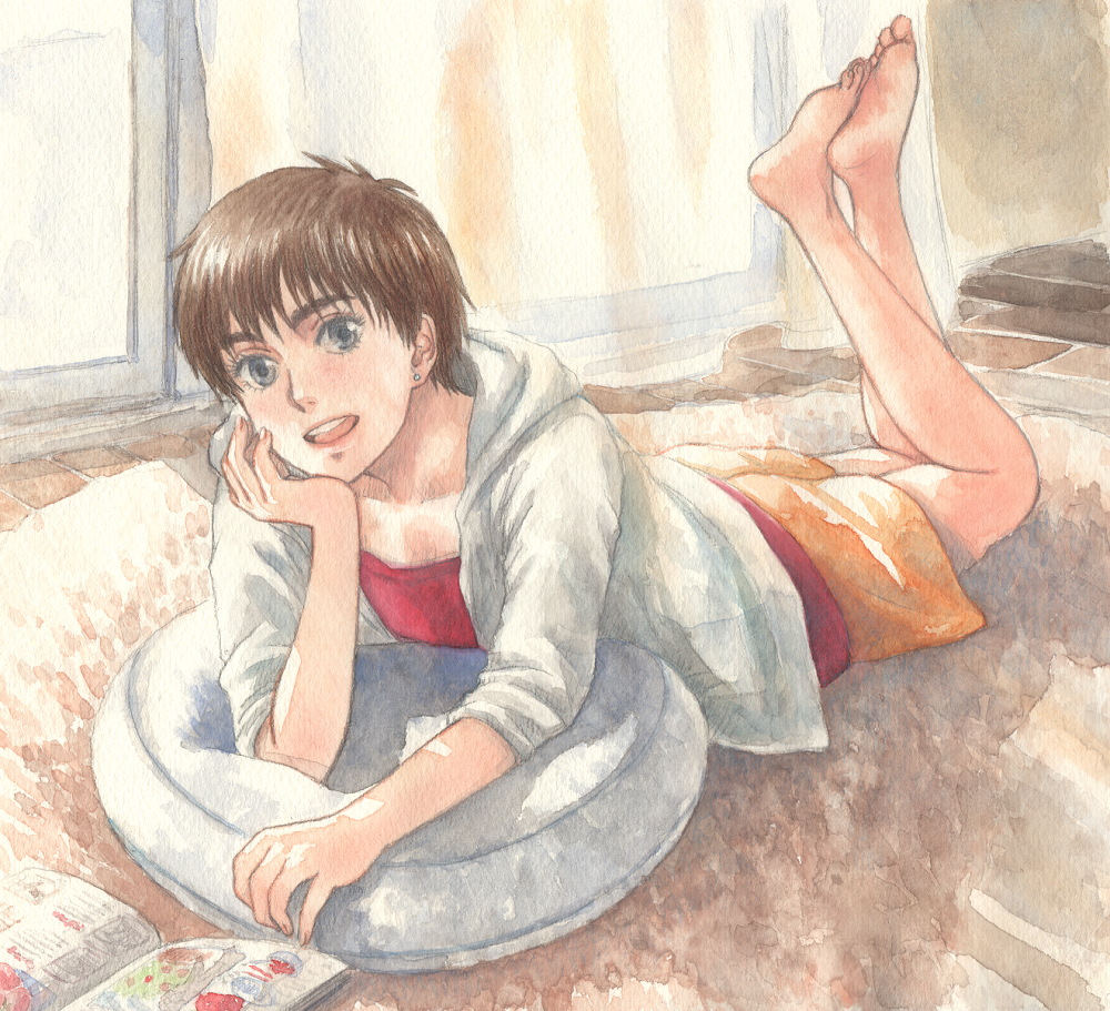 arm_support barefoot bed book brown_hair chin_rest curtains earrings feet grey_eyes hoodie izumi_noa jewelry kidou_keisatsu_patlabor looking_at_viewer on_floor on_stomach open_book open_mouth pillow short_hair shorts solo traditional_media watercolor_(medium)