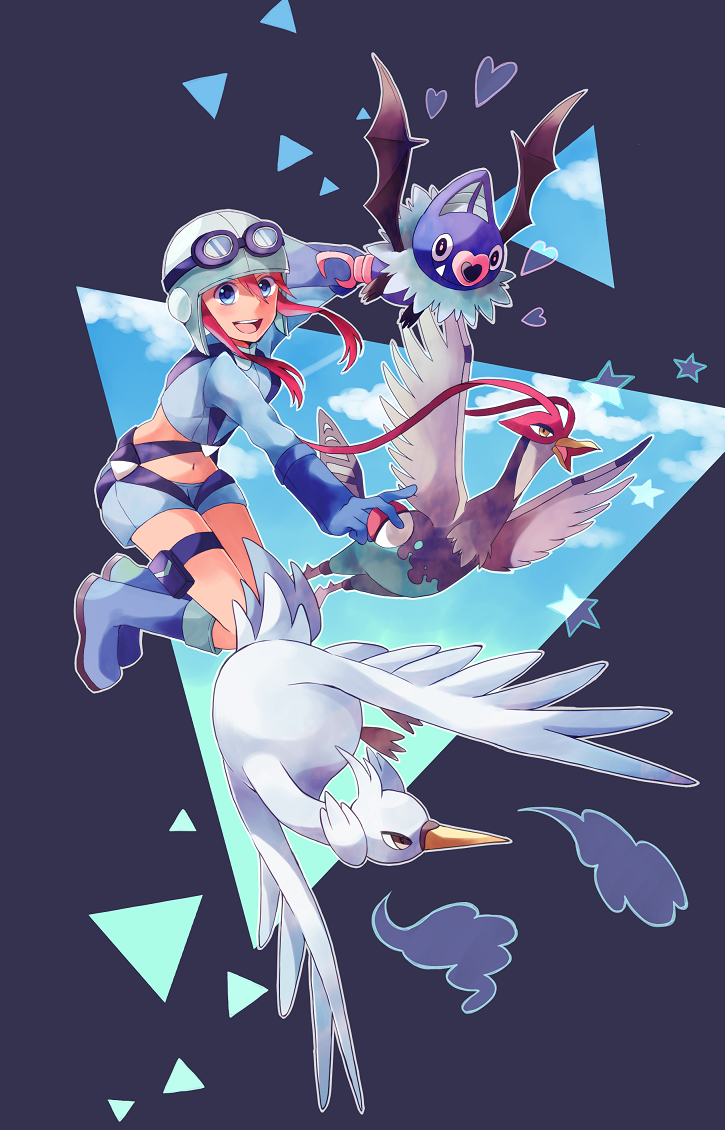 1girl blue_eyes boots cloud fuuro_(pokemon) gloves goggles hat heart kurogoma_(karen) long_hair midriff navel poke_ball pokemon pokemon_(creature) pokemon_(game) pokemon_bw red_hair redhead sky solo swanna swoobat unfezant