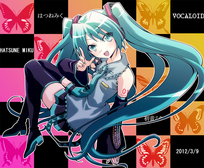 2012 aqua_eyes aqua_hair boots butterfly character_name checkered checkered_background dated detached_sleeves hatsune_miku komiru long_hair necktie open_mouth sitting skirt solo thigh-highs thigh_boots thighhighs twintails very_long_hair vocaloid