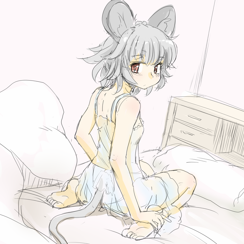 animal_ears bare_shoulders barefoot bed bed. camisole feet from_behind grey_hair ishikkoro looking_at_viewer looking_back mouse_ears mouse_tail nazrin on_bed panties pillow red_eyes see-through short_hair sitting sketch soles solo tail toes touhou underwear underwear_only v wariza
