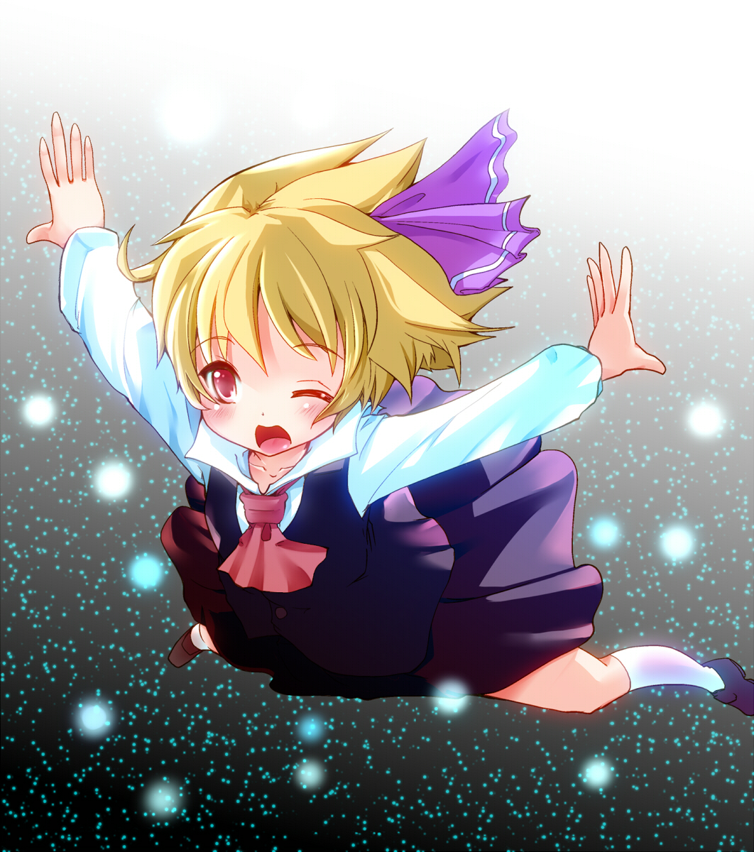 ascot blonde_hair blush darkness flying hair_ribbon highres lights open_mouth outstretched_arms red_eyes ribbon rumia shirt short_hair skirt skirt_set solo takara_akihito the_embodiment_of_scarlet_devil touhou vest wink youkai