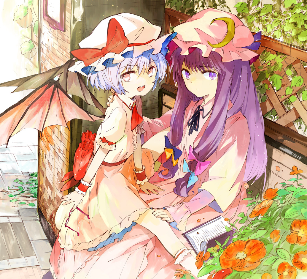 asaki ascot bat_wings bench blue_hair book bow crescent flower glasses glasses_removed hair_bow hat long_hair multiple_girls nature ogawa_maiko open_mouth outdoors patchouli_knowledge payot purple_eyes purple_hair red_eyes remilia_scarlet short_hair sitting sitting_on_lap sitting_on_person spread_legs the_embodiment_of_scarlet_devil touhou wings wrist_cuffs
