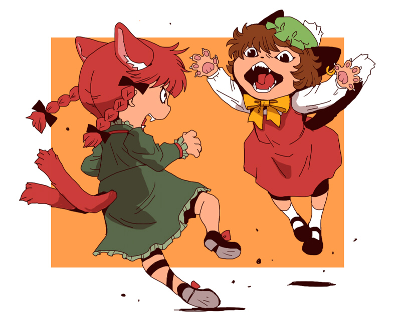&lt;o&gt;&lt;o&gt; &lt;o&gt;_&lt;o&gt; animal_ears black_eyes bow braid brown_hair cat_ears cat_paws cat_tail catfight chen dress ear_piercing earrings extra_ears fangs hair_ribbon hat jewelry kaenbyou_rin leg_ribbon multiple_girls multiple_tails onikobe_rin open_mouth outstretched_arms paws piercing red_dress red_hair redhead ribbon shirt short_hair skirt skirt_set tail touhou twin_braids vest