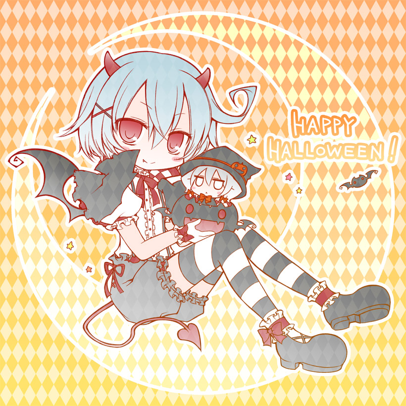2girls alternate_costume angeltype argyle argyle_background bat bat_wings bloomers blue_hair blush_stickers bow costume devil fang flat_gaze grey_hair hair_ornament hairclip hat horns izayoi_sakuya multiple_girls red_eyes remilia_scarlet short_hair smile striped striped_legwear tail thighhighs touhou underwear wings witch_hat