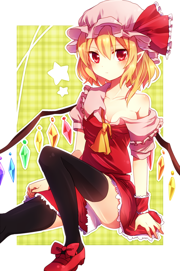 ascot bare_shoulders black_legwear blonde_hair blush breasts cleavage flandre_scarlet hat hat_ribbon kohaku. off_shoulder pointy_ears red_eyes red_shoes ribbon shirt shoes sitting skirt skirt_set solo star the_embodiment_of_scarlet_devil thigh-highs thighhighs torn_clothes torn_ribbon touhou wings wrist_cuffs wrist_ribbon
