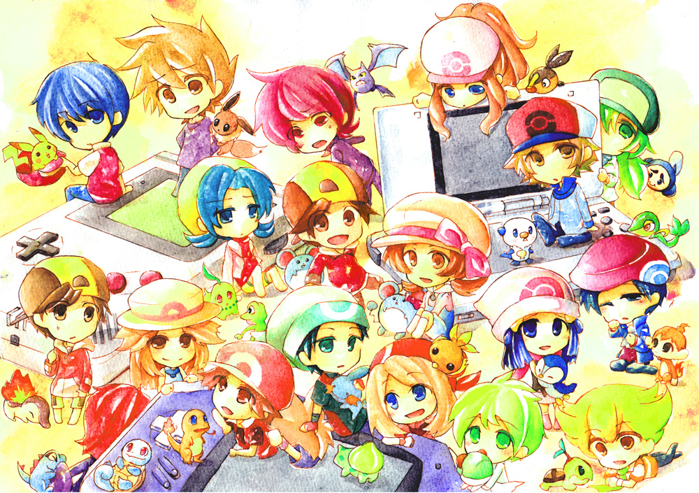 a-box alternate_color alternate_costume bandana bandanna baseball_cap black_hair blue_(pokemon) brown_hair bulbasaur charmander chibi chikorita chimchar crobat crystal_(pokemon) cyndaquil dual_persona eevee game_boy gold_(pokemon) gold_(pokemon)_(classic) gold_(pokemon)_(remake) haruka_(pokemon) hat hikari_(pokemon) jun_(pokemon) kotone_(pokemon) kouki_(pokemon) long_hair marill mitsuru_(pokemon) mudkip multiple_boys multiple_girls n_(pokemon) nintendo_ds ookido_green ookido_green_(classic) open_mouth oshawott pikachu piplup pokemon pokemon_(creature) pokemon_(game) pokemon_bw pokemon_dppt pokemon_frlg pokemon_gsc pokemon_hgss pokemon_rgby pokemon_rse ponytail ralts red_(pokemon) red_(pokemon)_(classic) red_(pokemon)_(remake) ribbon scarf shiny_pokemon short_hair shorts silver_(pokemon) silver_(pokemon)_(classic) silver_(pokemon)_(remake) skirt smile snivy squirtle tepig torchic totodile touko_(pokemon) touya_(pokemon) treecko turtwig twintails tympole winter_clothes yuuki_(pokemon)