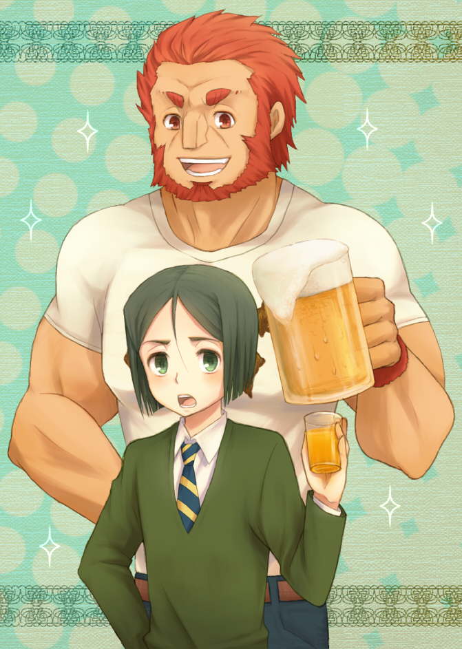 bangs beard beer bob_cut facial_hair fate/zero fate_(series) green_background green_eyes green_hair male marimo_(marimoya) multiple_boys necktie parted_bangs red_eyes red_hair redhead rider_(fate/zero) t-shirt waver_velvet