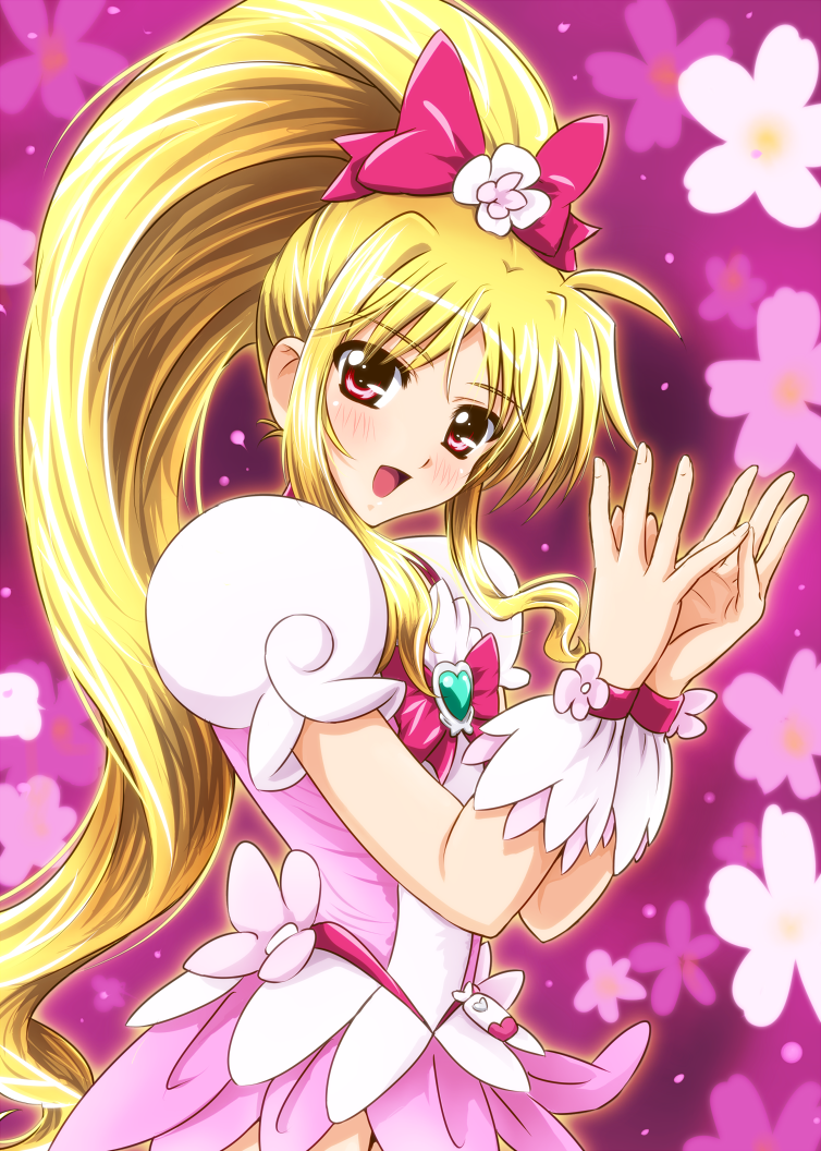 blonde_hair cosplay cure_blossom cure_blossom_(cosplay) diesel-turbo fate_testarossa female floral_background heartcatch_precure! high_ponytail long_hair lyrical_nanoha mahou_shoujo_lyrical_nanoha mizuki_nana pink pink_background ponytail precure pretty_cure red_eyes seiyuu_connection skirt solo wrist_cuffs