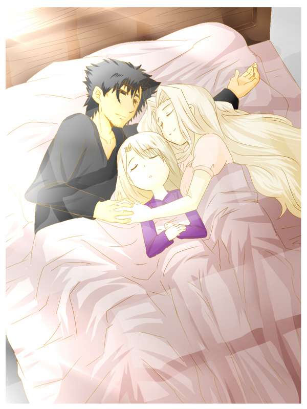 age_difference bed bed_sheet black_hair closed_eyes emiya_kiritsugu eyes_closed facial_hair family fate/zero fate_(series) father_and_daughter hand_holding holding_hands husband_and_wife illyasviel_von_einzbern irisviel_von_einzbern long_sleeves lying mother_and_daughter multiple_girls on_bed shared_blanket silver_hair sleeping smile stubble under_covers velvelumpileuspil