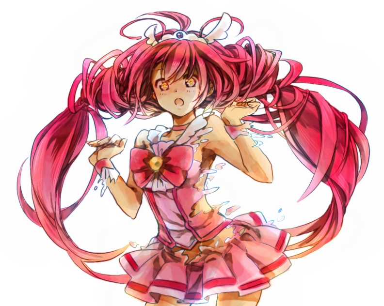 armpits arms_up bow cure_happy dissolving_clothes hair_ornament hoshizora_miyuki long_hair magical_girl midriff nashimura open_mouth pink_eyes pink_hair precure shirt skirt smile_precure! solo star star-shaped_pupils symbol-shaped_pupils tiara twintails white_background wrist_cuffs