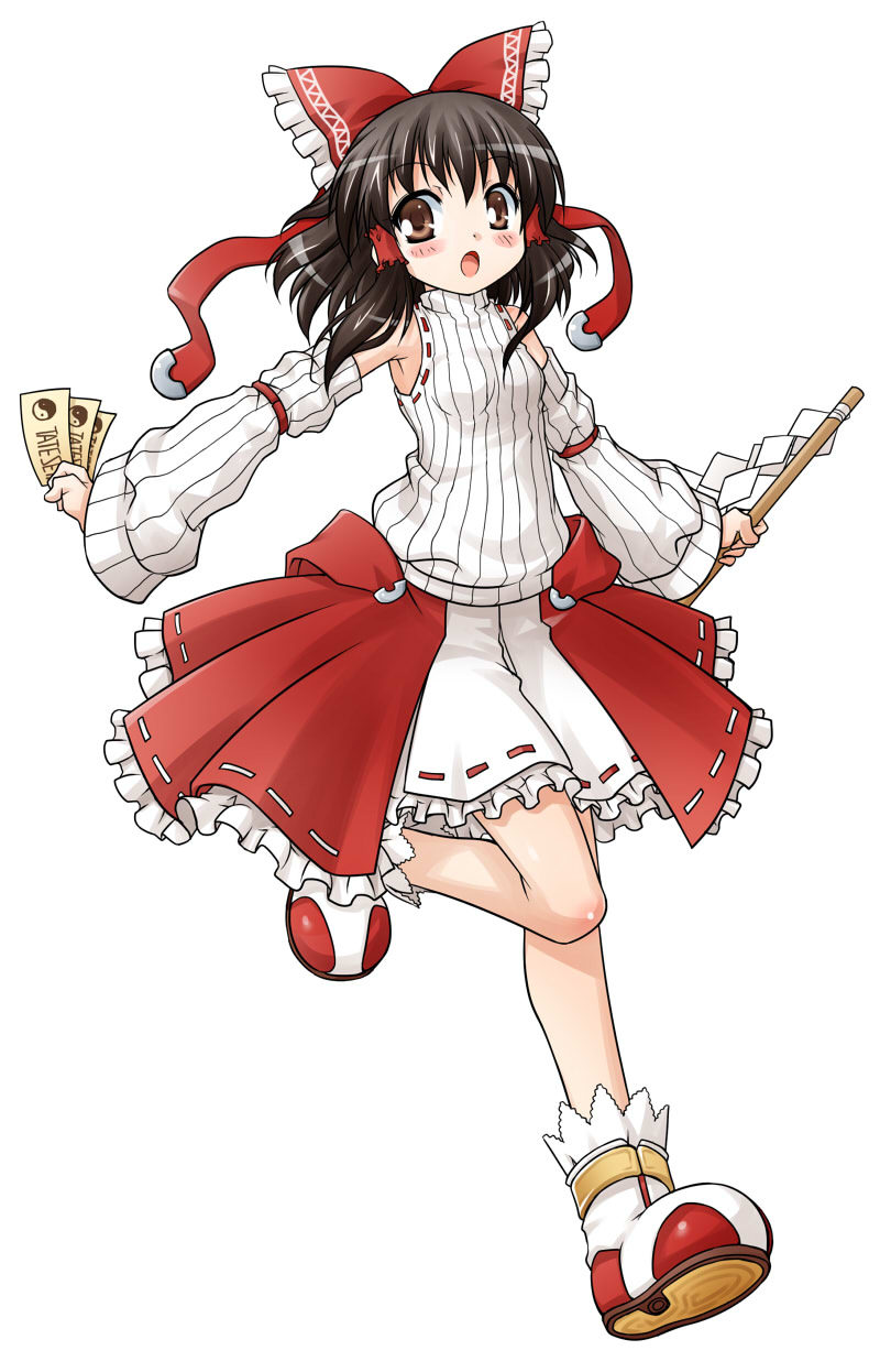 adapted_costume akou_roushi blush boots bow brown_eyes brown_hair detached_sleeves gohei hair_bow hair_tubes hakurei_reimu highres miko ofuda red_eyes ribbed_sweater short_hair simple_background solo sweater touhou yin_yang