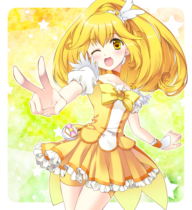 ;d awayuki_ramika bike_shorts blonde_hair choker cure_peace dress earrings hair_ornament hairpin jewelry kise_yayoi magical_girl open_mouth ponytail precure shorts_under_skirt skirt smile smile_precure! solo v wink wrist_cuffs yellow yellow_background yellow_dress yellow_eyes