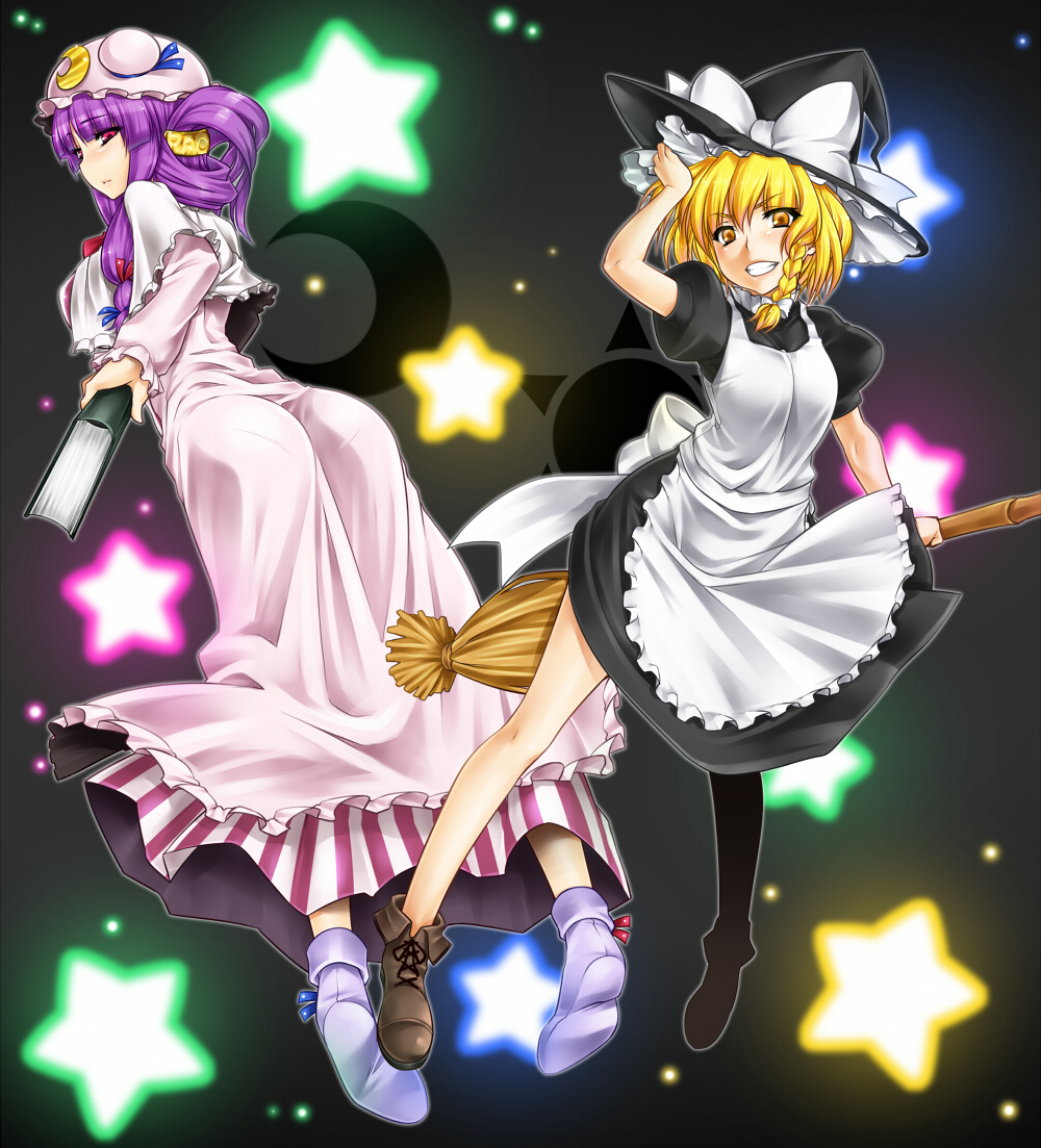 ass blonde_hair book boots braid broom crescent hat kirisame_marisa looking_back multiple_girls namidame pantylines patchouli_knowledge purple_eye purple_eyes purple_hair smile star touhou violet_eyes witch witch_hat yellow_eyes