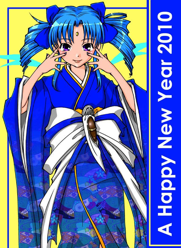 2010 blue_hair forehead_jewel fujisaki_keiko_(konaken) gradius happy_new_year japanese_clothes kimono konami new_year obi personification purple_eyes sash solo twintails vic_viper violet_eyes wide_sleeves
