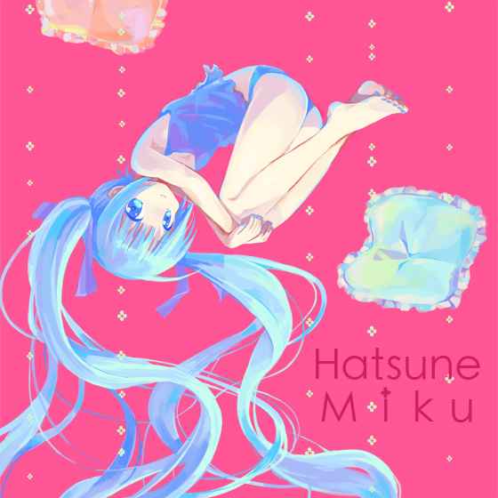 aqua_eyes aqua_hair barefoot camisole character_name cushion feet fetal_position floating_hair hands_on_knees hatsune_miku long_hair looking_at_viewer nail_polish panties pillow pink_background sakuro solo toenail_polish twintails underwear upside-down very_long_hair vocaloid