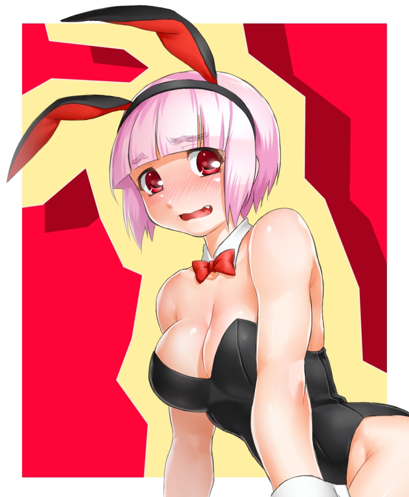 animal_ears bangs bare_shoulders blunt_bangs blush bob_cut breasts bunny_ears bunny_girl bunnysuit cleavage detached_collar fang large_breasts looking_at_viewer onsoku_maru original pink_hair red_eyes short_hair solo wrist_cuffs