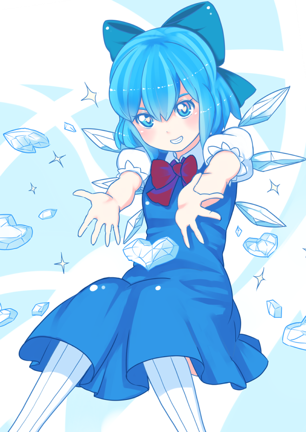 bad_id bow cirno grin heart ice looking_at_viewer nosuku smile solo symbol-shaped_pupils thigh-highs thighhighs touhou vertical-striped_legwear vertical_stripes wings