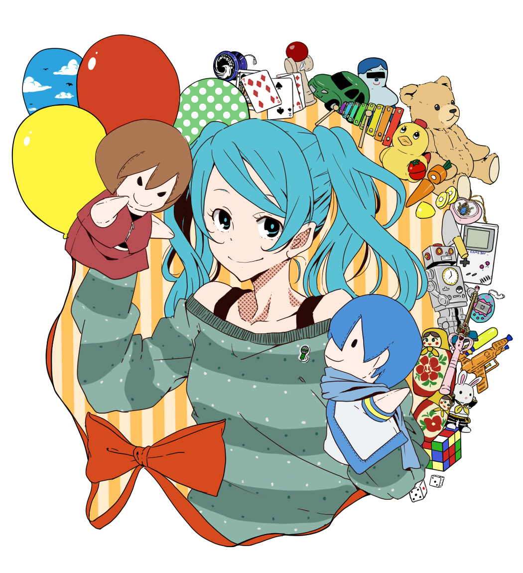 aqua_eyes aqua_hair balloon car card dice game_boy hand_puppet hatsune_miku instrument kaito kendama knife meiko motor_vehicle mukiryoku puppet robot rubber_duck rubik's_cube rubik's_cube smile solo stuffed_animal stuffed_toy tamagotchi teddy_bear todoroki_suyoshi toy twintails vehicle vocaloid water_gun xylophone yo-yo yoyo