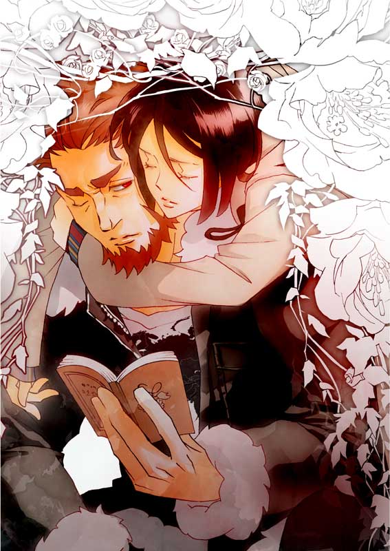 androgynous black_hair book closed_eyes coat eyelashes eyes_closed fate/zero fate_(series) hidekikawai hug male multiple_boys red_eyes red_hair redhead rider_(fate/zero) short_hair waver_velvet wink