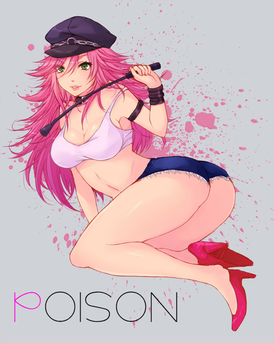ass bracelet breasts capcom character_name cleavage crop_top cutoffs denim denim_shorts final_fight green_eyes hat high_heels jewelry large_breasts legs lips long_hair looking_at_viewer midriff pink_hair poison_(final_fight) riding_crop rona090 shoes short_shorts shorts sideboob