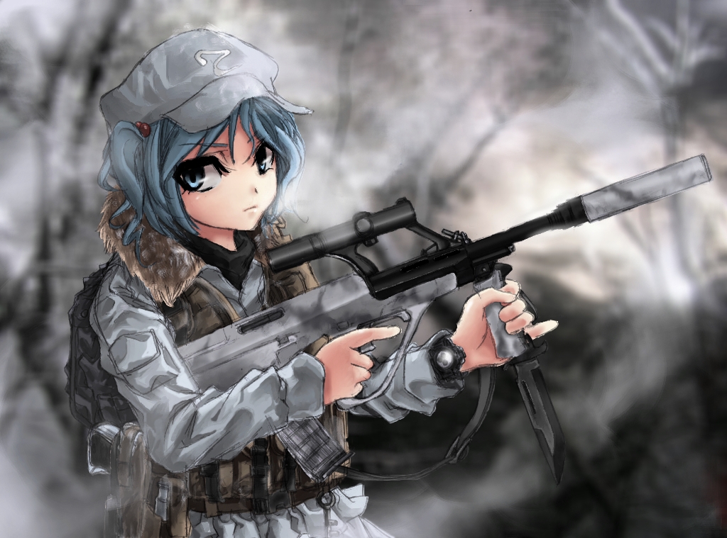 assault_rifle blue_eyes blue_hair bullpup cqc gun hat kawashiro_nitori knife load_bearing_vest looking_at_viewer operator pinky_out pistol rifle scope sling solo steyr_aug suppressor terabyte_(rook777) touhou trigger_discipline vertical_foregrip weapon