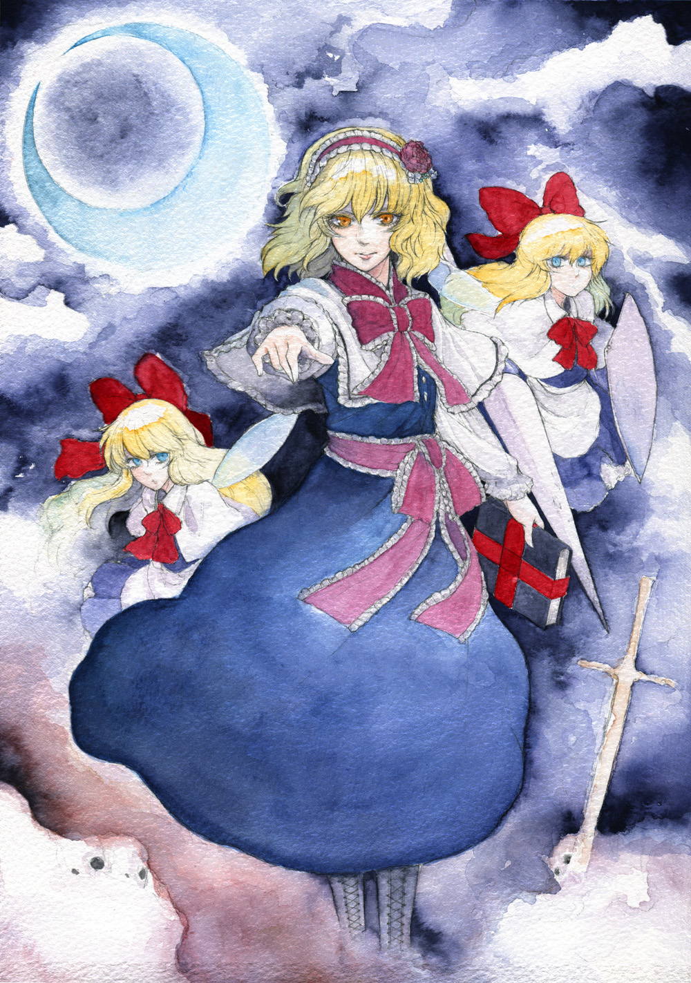 alice_margatroid amber_eyes bad_id blonde_hair blue_eyes book boots bow capelet crescent crescent_moon doll dolls flower full_moon gold_eyes hair_bow hairband highres lance lewis moon orange_eyes polearm ribbon shanghai shanghai_doll shield short_hair solo sword touhou traditional_media watercolor_(medium) weapon yellow_eyes