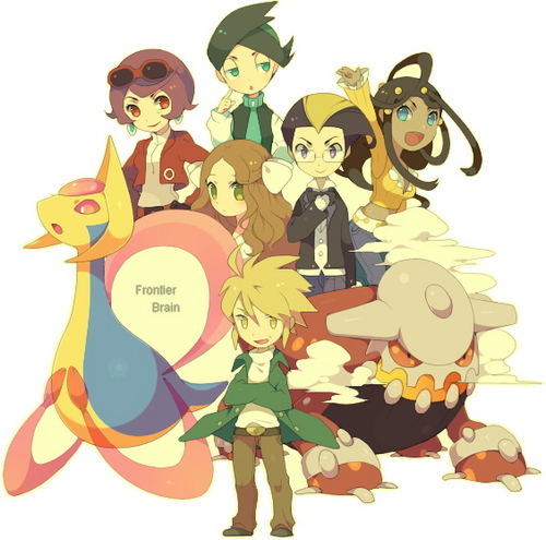 3boys 3girls cattleya_(pokemon) cresselia dahlia_(pokemon) earrings english everyone frontier_brain glasses heatran jacket jewelry kate_(pokemon) kokemomo_sayakusa kokuran_(pokemon) kurotsugu_(pokemon) looking_at_viewer lowres multiple_boys multiple_girls nejiki_(pokemon) pokemon pokemon_(creature) pokemon_(game) pokemon_dppt smile vest white_background