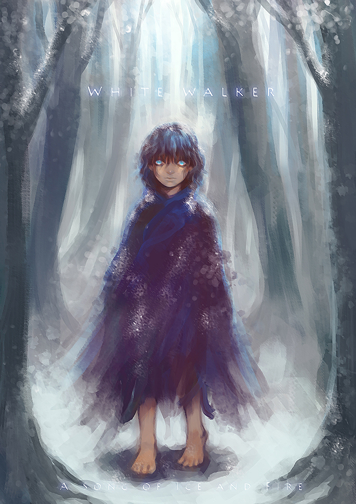 androgynous bare_tree bare_trees barefoot black_hair blue_eyes character_name child cloak creepy forest glowing glowing_eyes nature others pukun rags snow solo tree white_walker_(a_song_of_ice_and_fire)