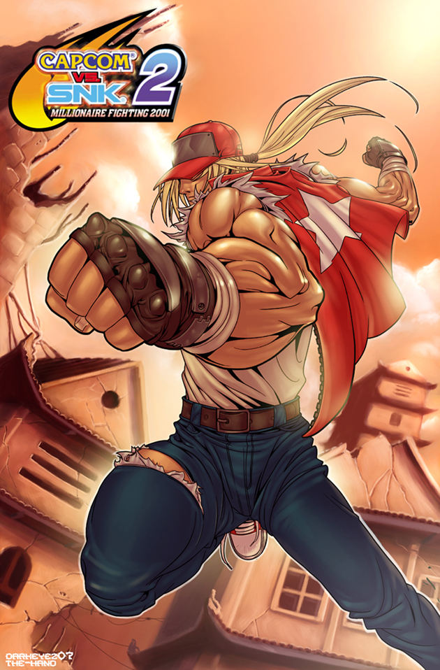 benjo_camay blonde_hair capcom_vs_snk capcom_vs_snk_2 collaboration darkeyez07 fatal_fury fingerless_gloves gloves hat_over_eyes jeans king_of_fighters male muscle ponytail snk solo terry_bogard torn_clothes torn_jeans