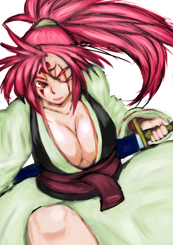 baiken breasts cleavage facial_tattoo guilty_gear japanese_clothes katana kimono large_breasts long_hair obi one-eyed pink_hair red_eyes scabbard scar sheath solo sword tattoo unsheathing weapon yigai
