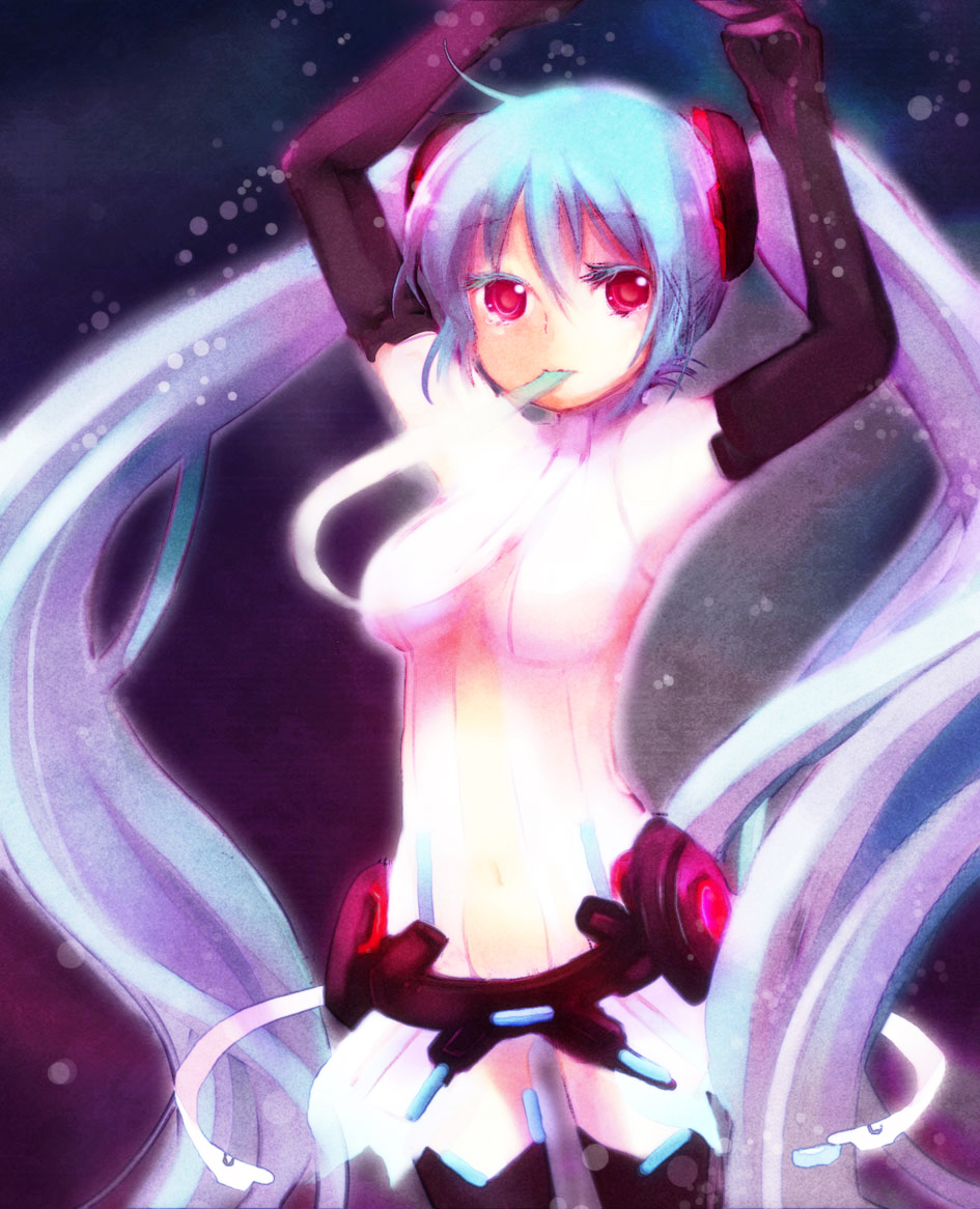 armpits arms_up blue_hair breasts center_opening elbow_gloves gloves hatsune_miku hatsune_miku_(append) long_hair miku_append mouth_hold navel necktie red_eyes shinryo_rei shinryou_rei solo thigh-highs thighhighs twintails very_long_hair vocaloid vocaloid_append