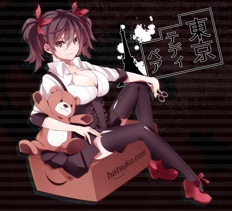 amazon_(company) black_legwear box breasts brown_eyes brown_hair cardboard_box character_request cleavage hair_ornament hatsuko highres holding looking_at_viewer parody red_shoes scissors shirt shoes short_hair sitting skirt smile solo striped striped_background stuffed_animal stuffed_toy teddy_bear thigh-highs thighhighs tokyo_teddy_bear_(vocaloid) twintails vocaloid white_shirt