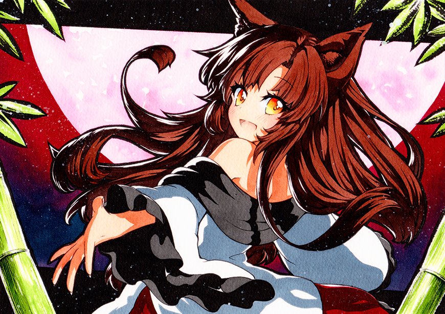 1girl :d animal_ears bamboo bangs brown_hair dress eyebrows_visible_through_hair from_behind full_moon imaizumi_kagerou long_hair long_sleeves looking_at_viewer looking_back moon off-shoulder_dress off_shoulder open_mouth orange_eyes outdoors qqqrinkappp smile solo touhou traditional_media white_dress wide_sleeves wolf_ears