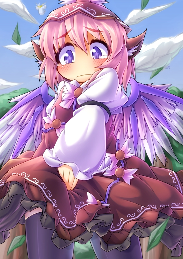 1girl animal_ears black_legwear blonde_hair blush cloud dress frilled_skirt fun_bo hat leaf lily_white long_sleeves multiple_girls mystia_lorelei outstretched_arms pink_hair purple_eyes short_hair skirt_hold sky solo spread_arms tears thigh-highs thighhighs touhou tree violet_eyes wings