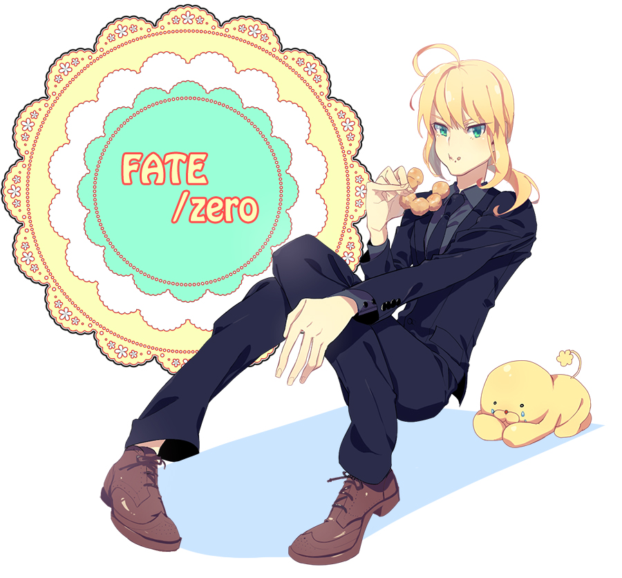 :t ahoge androgynous bad_id blonde_hair doughnut eating fate/zero fate_(series) fod_on_face food food_on_face formal green_eyes long_hair mister_donut necktie pant_suit pingo0423 pon_de_lion ponytail puffy_cheeks saber solo suit tears title_drop