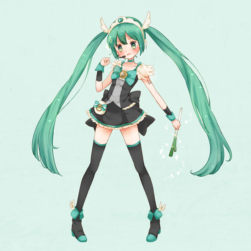 bad_id blush choker frown green_eyes green_hair hatsune_miku long_hair mxnxm parody pigeon-toed precure simple_background skirt smile_precure! solo thigh-highs thighhighs twintails very_long_hair vocaloid