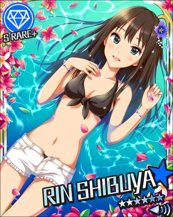 1girl bikini_top blush bracelet brown_hair character_name flower green_eyes hair_flower hair_ornament idolmaster idolmaster_cinderella_girls jewelry long_hair nail_polish navel official_art open_mouth shibuya_rin shorts smile solo swimsuit water