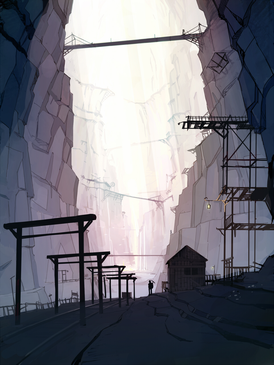bridge building highres lamp male minecraft miner original railroad_tracks scenery seo_tatsuya sketch solo valley