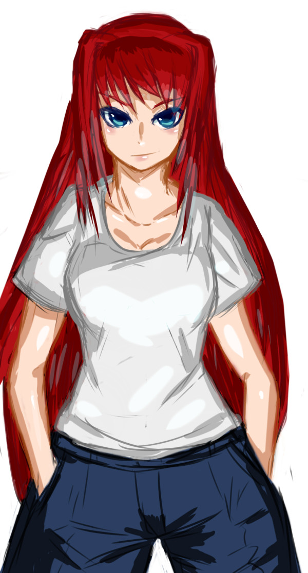 aozaki_aoko blue_eyes breasts cleavage hair_intakes hands_in_pockets jeans long_hair melty_blood red_hair redhead smirk solo t-shirt tsukihime type-moon very_long_hair yigai