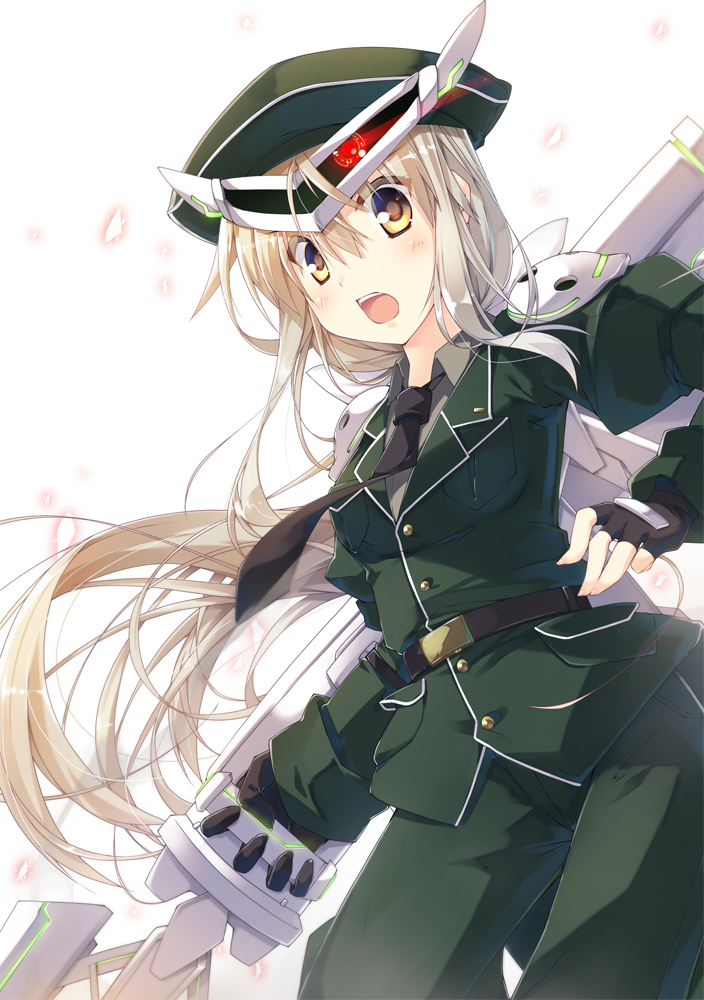 1girl backlighting belt black_gloves blonde_hair brown_eyes fingerless_gloves gloves hat jacket juliet_sleeves light_trail long_hair long_sleeves machinery mecha_musume military military_hat military_uniform necktie open_mouth original pants puffy_sleeves seven_deadly_sins shirt solo t-ray uniform very_long_hair
