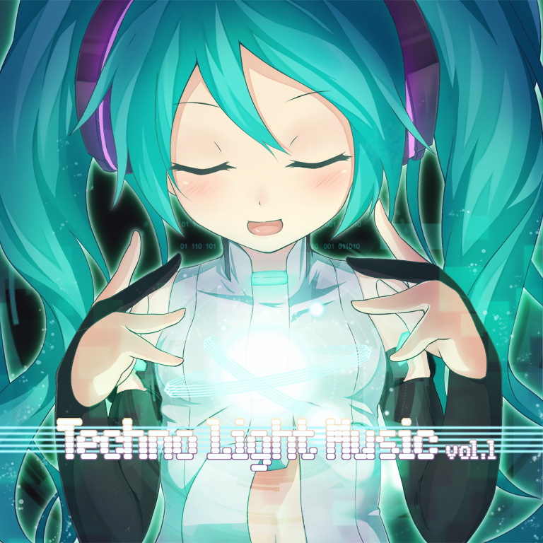 aqua_hair binary bridal_gauntlets closed_eyes elbow_gloves eyes_closed face fingerless_gloves gloves hatsune_miku hatsune_miku_(append) long_hair miku_append open_mouth portrait shinomome_haru solo text twintails vocaloid vocaloid_append