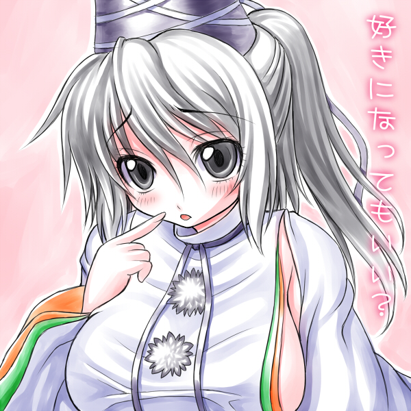 asamura_hiori blush breasts bust grey_eyes grey_hair hat japanese_clothes mononobe_no_futo no_bra open_mouth pointing pointing_at_self pom_pom_(clothes) ponytail sideboob solo tate_eboshi touhou translated translation_request