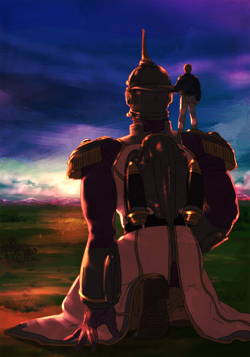 blonde_hair blue_jacket bomber_jacket boots epaulettes from_behind helmet jacket jetpack keith_goodman mamemo_(daifuku_mame) mecha mechanization size_difference sky_high sunset superhero tiger_&amp;_bunny