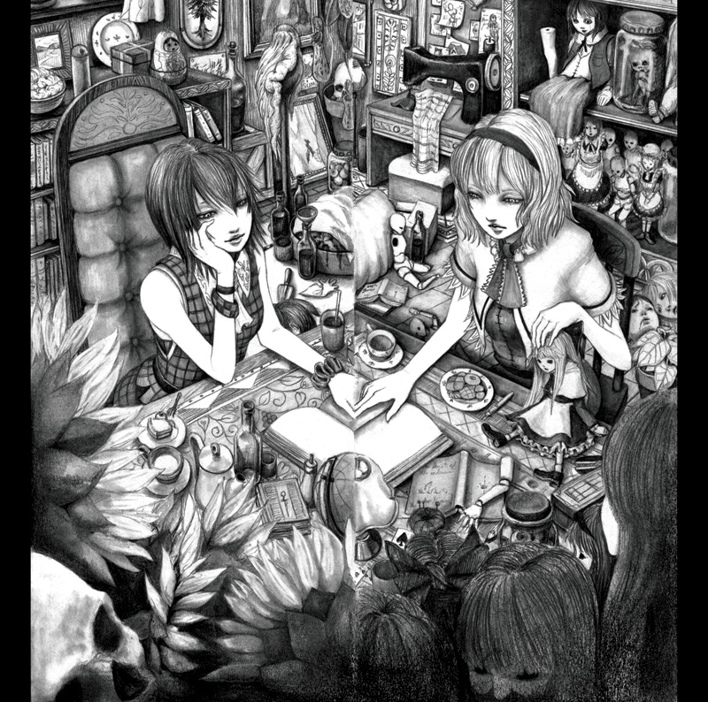 adapted_costume alice_margatroid bare_shoulders book bookshelf bottle cake chair chin_rest cup doll doll_joints flower food hairband hane_(azelye) kazami_yuuka letterboxed monochrome multiple_girls room sewing_machine shanghai_doll short_hair sitting skull sleeveless sunflower symmetry table teacup teapot touhou youkai
