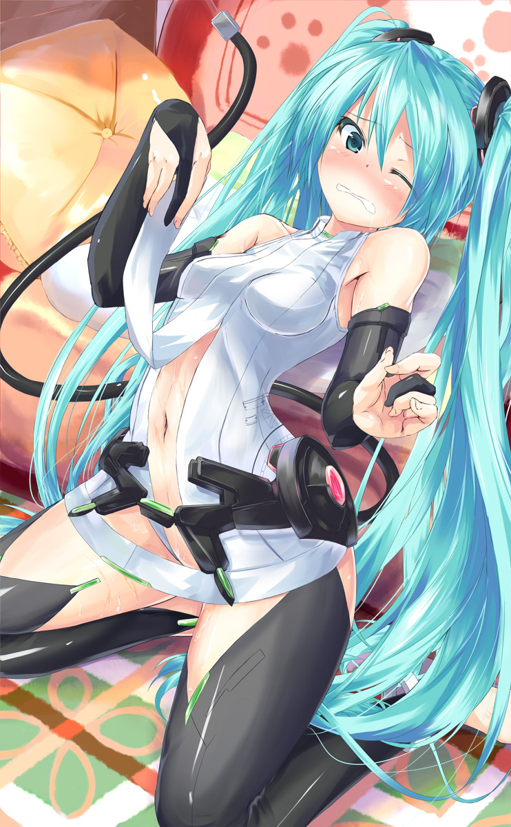 aqua_eyes aqua_hair bare_shoulders blush breasts bridal_gauntlets center_opening daidou_(demitasse) grimace hatsune_miku hatsune_miku_(append) highres long_hair miku_append necktie sitting solo thigh-highs thighhighs twintails very_long_hair vocaloid vocaloid_append wavy_mouth wet wince wink